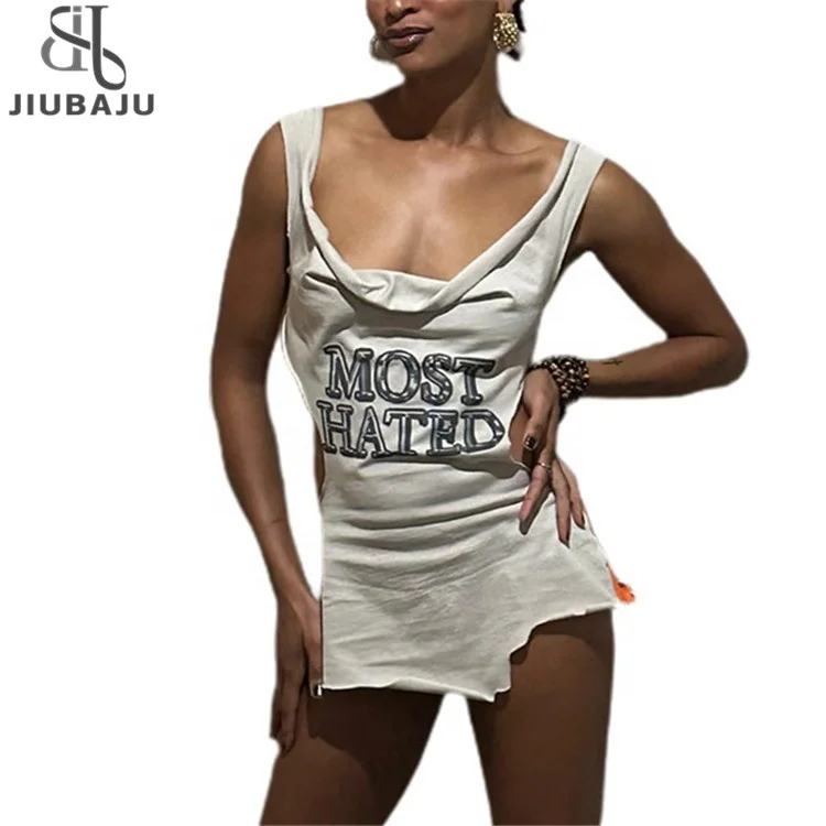White Lettering Print Chain Short Dress Party Clubwear For Women 2023 Fashion Asymmetric Mini Dress
