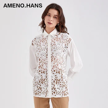 Hot sale good quality girls lace layering shirt hollow-carved design white blouses and shirts