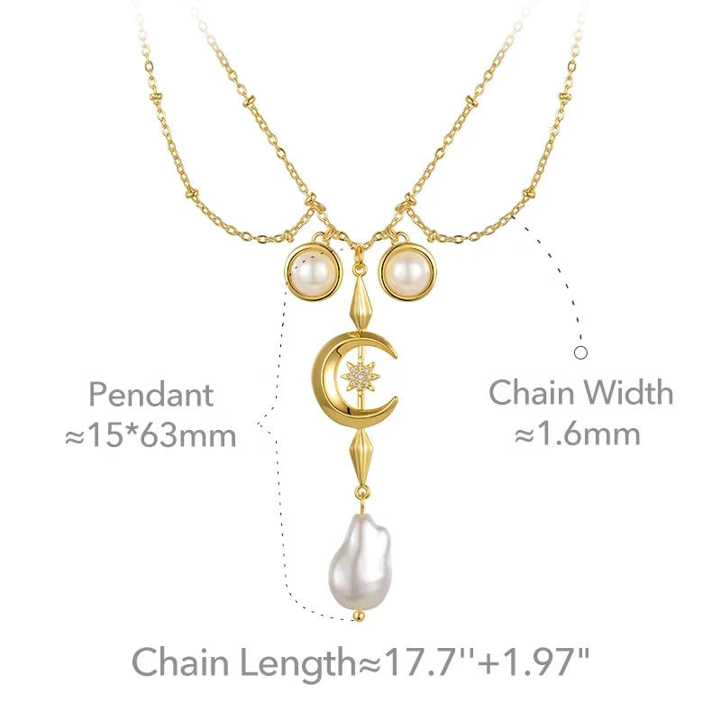 Original Design High Quality 18K Gold Plated Brass Jewelry Moon Star Zircon Pearl Pendants Accessories Necklaces P223308