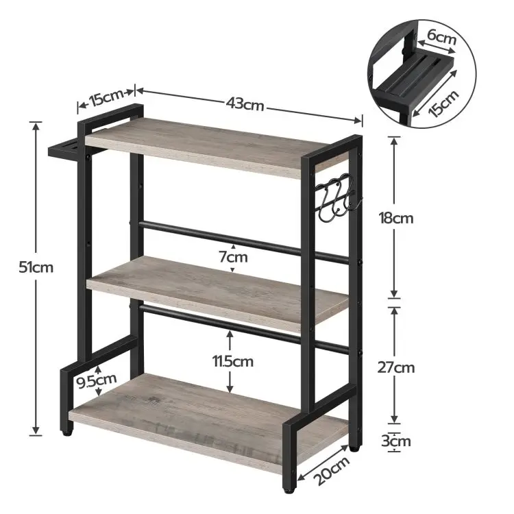 Wholesale Industrial Style Kitchen Storage Organizer Wooden Metal 2/3 Tier Spice Rack with 3 Hooks Spice Rack with Knife Holder