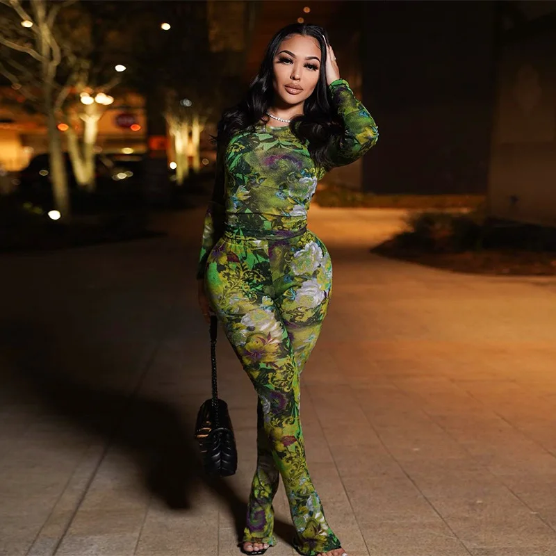 Two piece sets women clothing summer 2023 long sleeve top with pants set mesh fashion printing 2 piece set