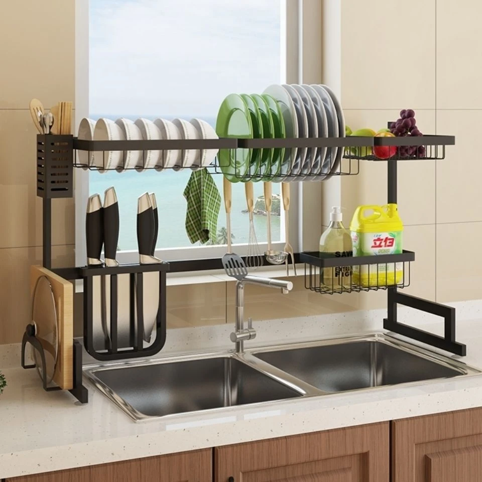 Black Color Modern Kitchen 2 Tiers Stainless Steel Dish Drying Rack Dish Storage Shelf Dish Drain Rack