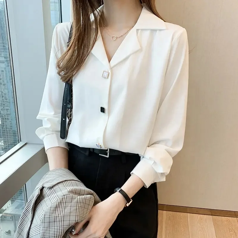 Elegant Printed Shirt Women's Spring Autumn Tops Office Korean Fashion Slim White Chiffon Blouse Long-Sleeve Shirts Blusas