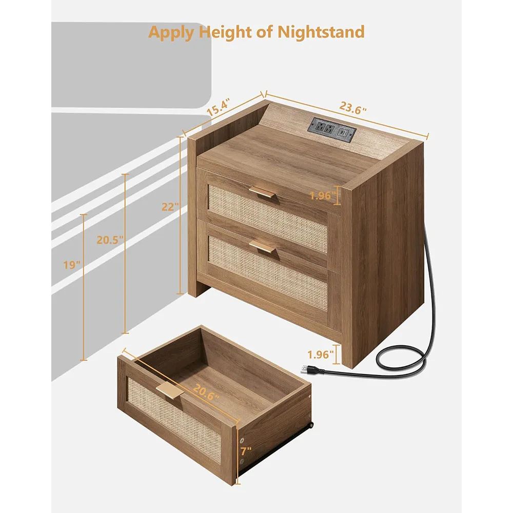 product modern nightstand type c charging station 2 drawers storage natural oak finish bedside night stand rattan bedroom furniture-5