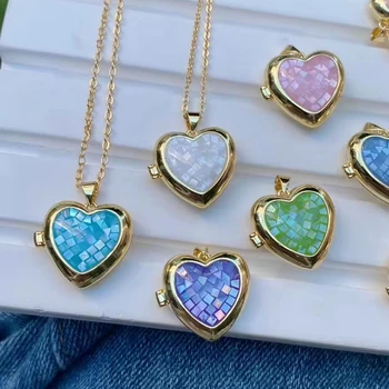 Color Abalone Shell Heart Photo Box DIY Jewelry Can Open Locket Pictures Charm Pendant Necklace