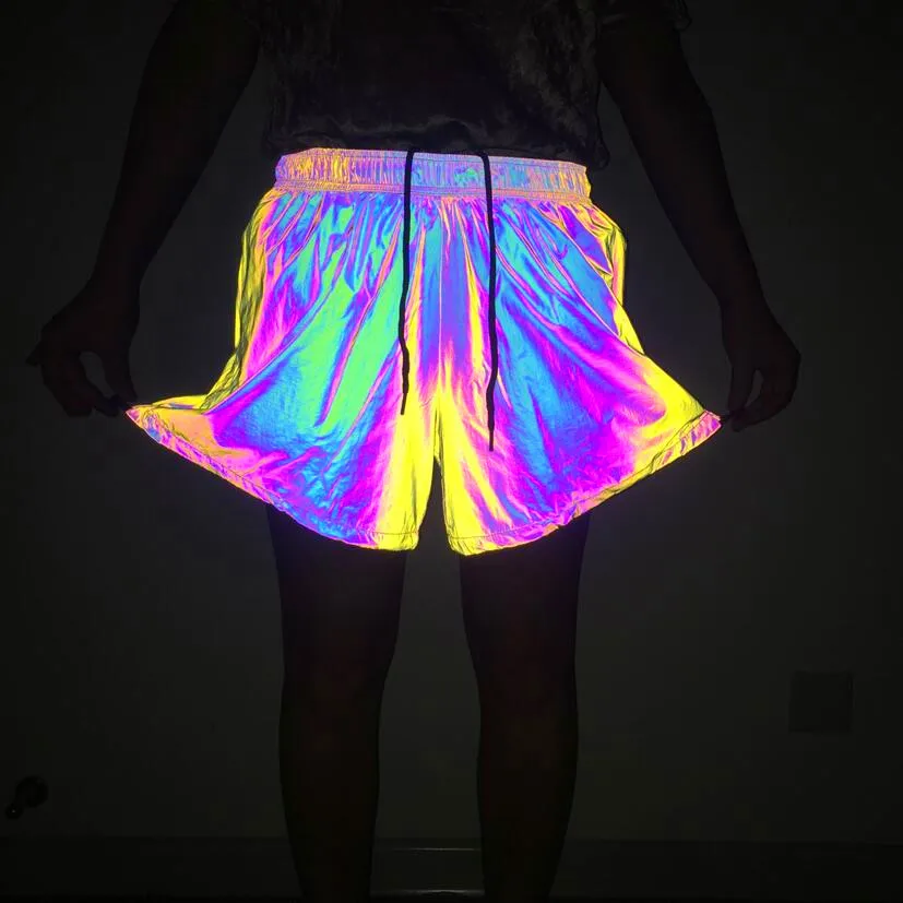 Custom Rainbow Light Reflective Shorts Elastic Waist Nightclub Stage Costume Men Casual Loose Hip Hop Shiny Short Pants
