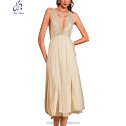Sexy Deep V Champagne Nobl Skirt Backless Luxury Gowns Party Evening Dresses  Chiffon Sling Tucked Waist A-Line Gauze Sequin