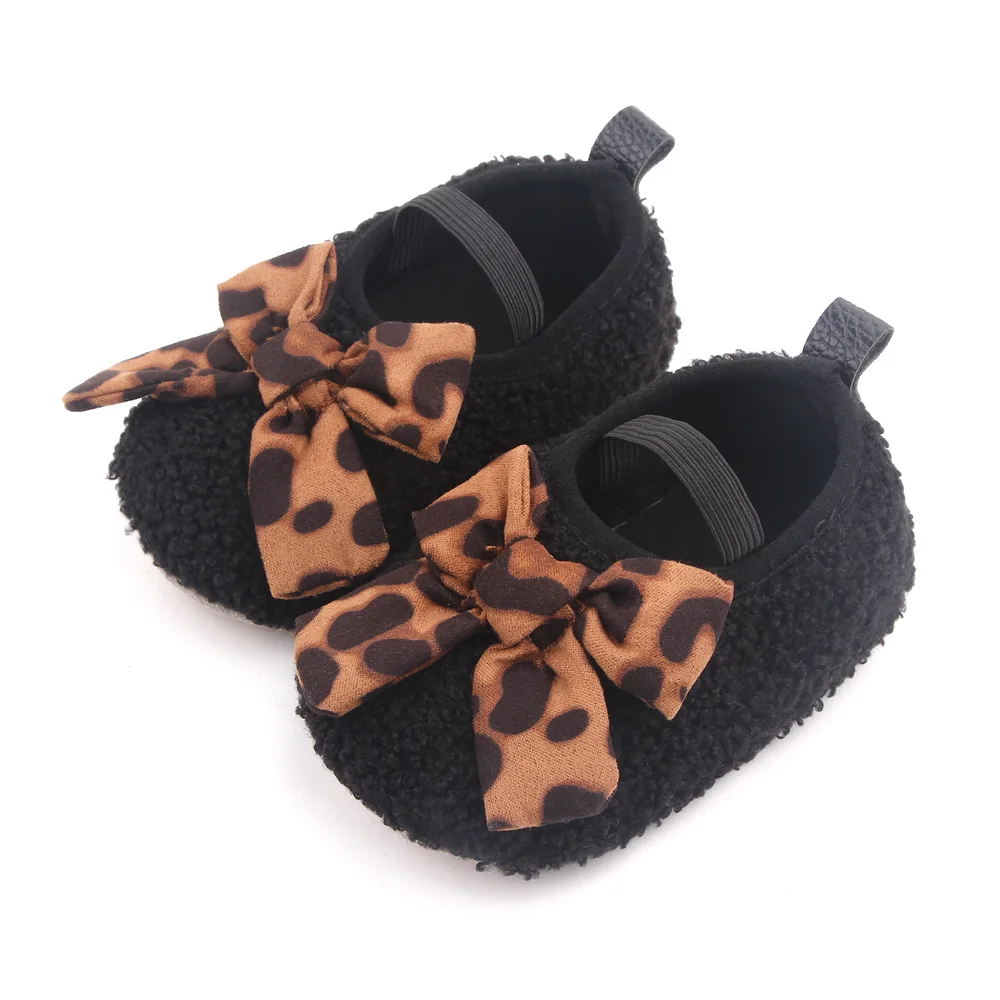 0-1 Year Old Infants Foot Set Solid Color Teddy Velvet Leopard Bow Baby Girls Cute Soft Soled Toddler Shoes manufacture