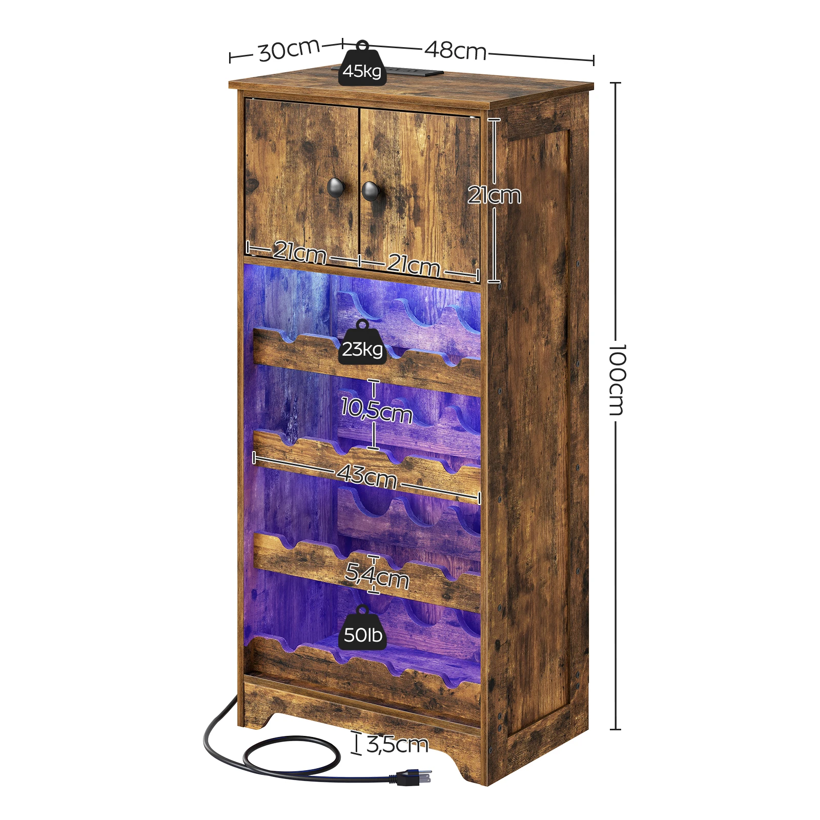 Wholesale Industrial Tall Brown Wood 16 Bottle 4/5 Tier Wine Rack Bar Cabinet With Storage Shelves with Charging Station LED