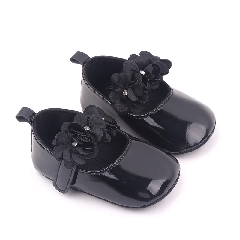 Solid Color Leather Rhinestones Flower Baby Girls Fashion Princess Small Leather Shoes for Toddler Shoes factory