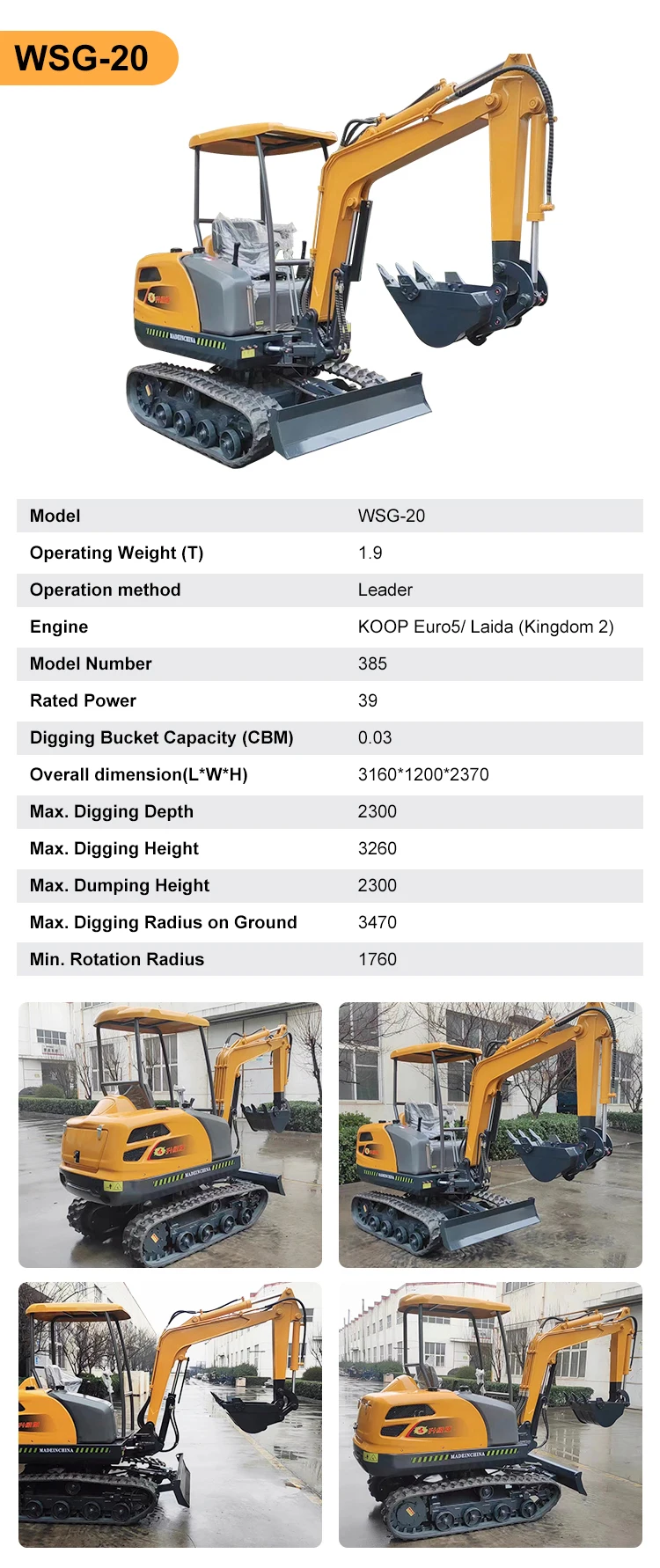 wsg CE EPA China mini Hydraulic excavators small mini excavator 1ton 2 ton cheap price for agricultural excavator