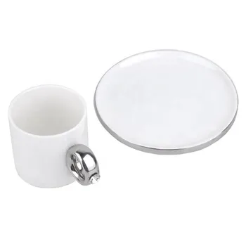 DHPO elegant white wholesale ceramic silver plated tea coffee sets and saucer with ring handle for coffee promotion