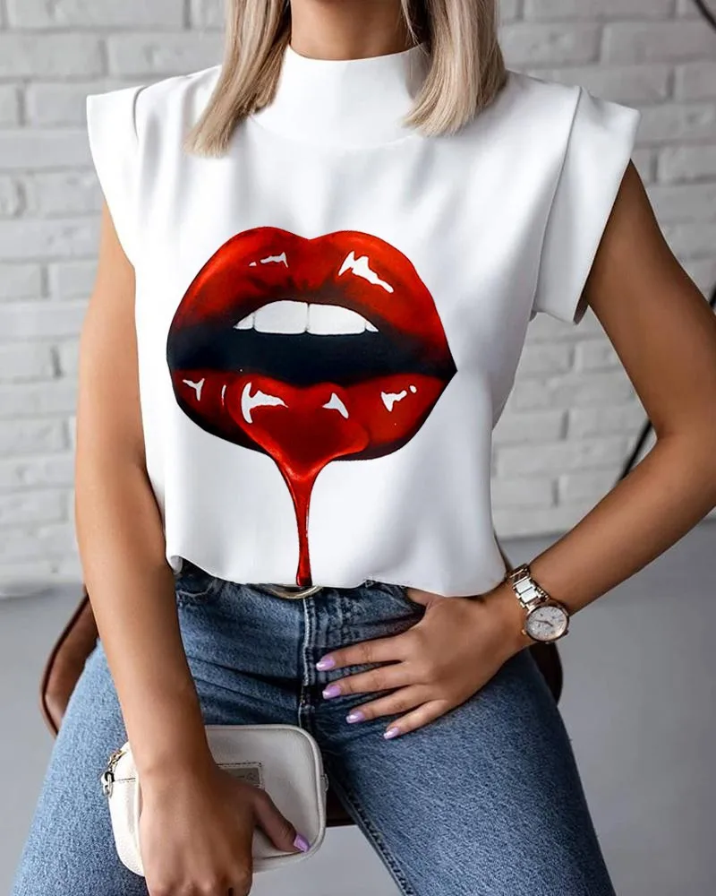 Collar Lip Printing Ladies Shirt 