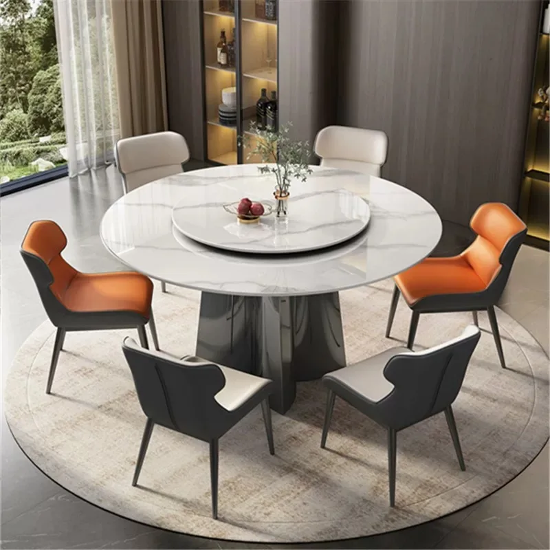 Luxury Nordic Sintered Stone Dinning Table Set For 6  Carbon Steel Base Round Dining Furniture Restaurant Table With Turntable