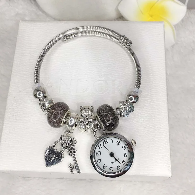 Hot Sale Silver Plated Stainless Steel Charm Bracelet With Watch Big