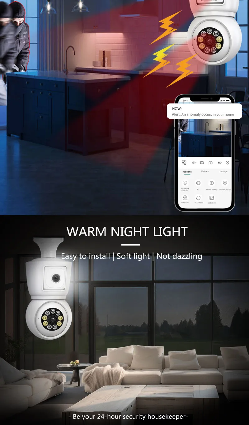 ICSEE 6MP Dual lens Light Bulb Ip Camera Network Tracking Lamp Holder Socket Wireless 4MP Dual lens Wifi Ptz Light Bulb Camera