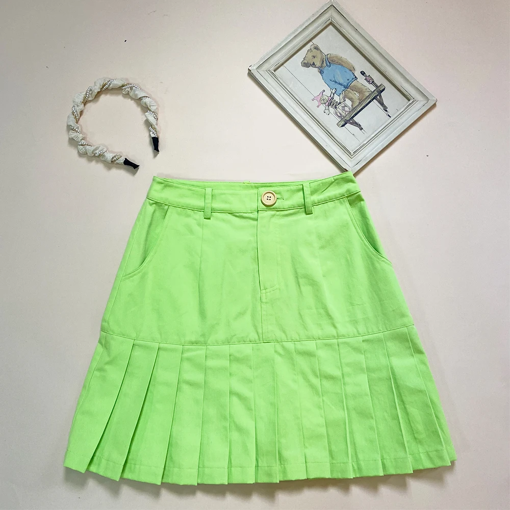 Custom Women's Clothing Hot Girl Fashion Summer Ladies Elegant Green High Waist Y2K Pleated JK Mini Denim Skirts With Pockets
