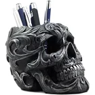 Pencil Holder Resin Cranium Skeleton Head Pencil Storage Tribal Tattoo Floral Skull Pen Holder Figurine