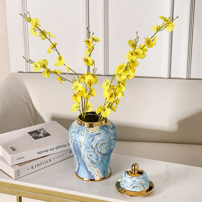 Van Gogh Electroplated Gold Line Luxury Ceramic Ginger Jar Modern Home Decor Vase For Ceramic Vase