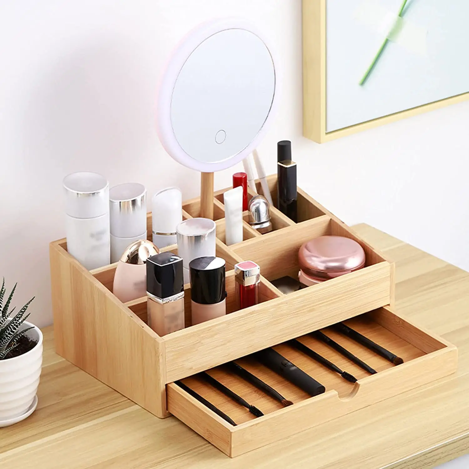 Factory Direct Wood Makeup Storage Organizer Desk Bamboo Cosmetics Storage Box with Drawer