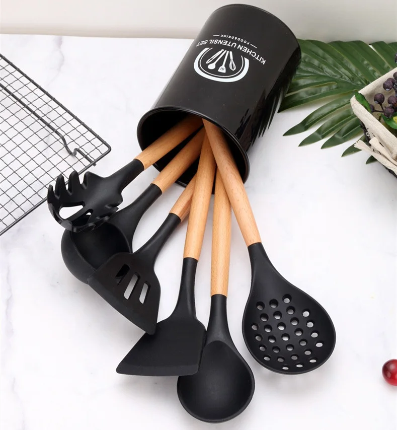 Silicone Kitchenware 38pcs Utensils Set With Holder Non Stick Wooden Handle Silicone Kitchen Accessories Cooking Utensil