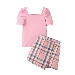 New fashion kids girls summer clothes sets short puff sleeve square neck ribbed tops+plaid skirt toddler girls outfits