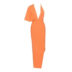 Latest Lady Elegant Asymmetrical Short Sleeve V neck Backless dresses women party Long Evening Dress with Black/Orange