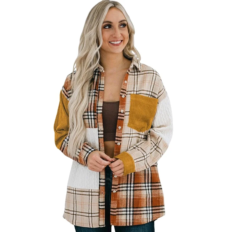 Wholesale Custom Western Patchwork Button Up Rust Plaid Shacket Coat Jacket For Women