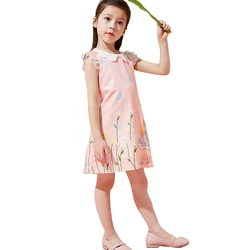 Latest high end design cute baby girls summer ruffles dresses knee length pink color printing sweet flower girl dress