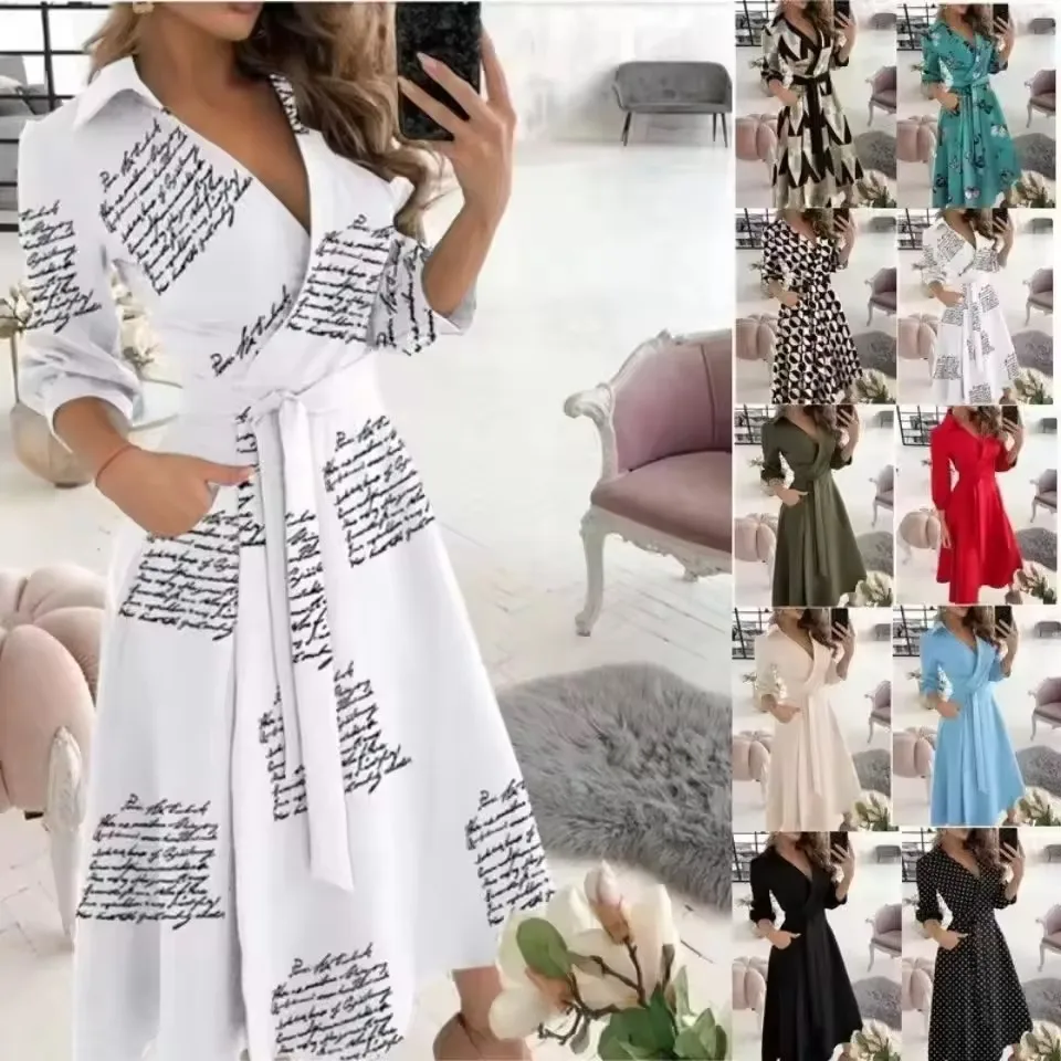 Wholesale New Design Short Sleeve V-neck Retro Print Women's Elegant Casual Boho Dresses Fashion Waist Beach Bohemian Dress