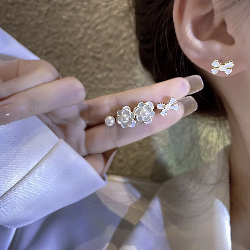 small exquisite three-piece set pearl Zircon ear studs female temperament minority sense of luxury earring