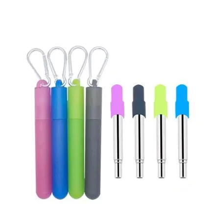 H447 Portable Reusable Telescopic Straw With Cleaning Brush Colourful Cases Eco Friendly Foldable Stainless Steel Straws