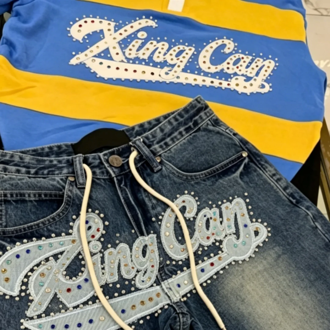 product high end custom polo shirt with rhinestone applique embroidery vintage acid wash rivet denim shorts with hand frayed hem-4