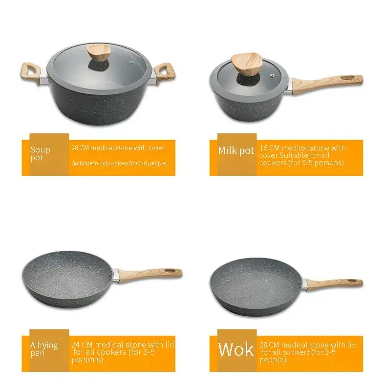 Medical Stone Wok Marble Non-Stick Frying Pan Milk Pot Soup Pot Household 10-pcs Pot Set Suitable For LPG & Induction Cooker