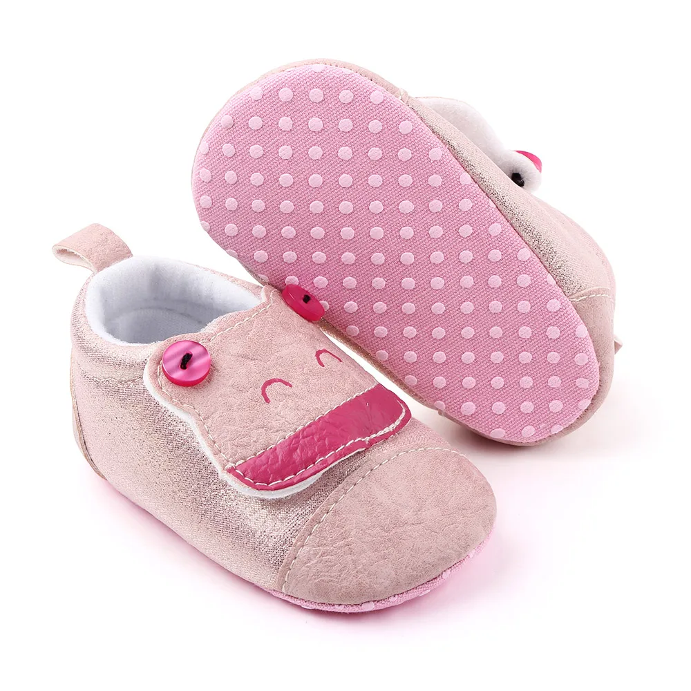 Cute Cartoon Animal Solid Color Pu Leather Buttons Small Frog Soft Soled Baby Walking Shoes supplier