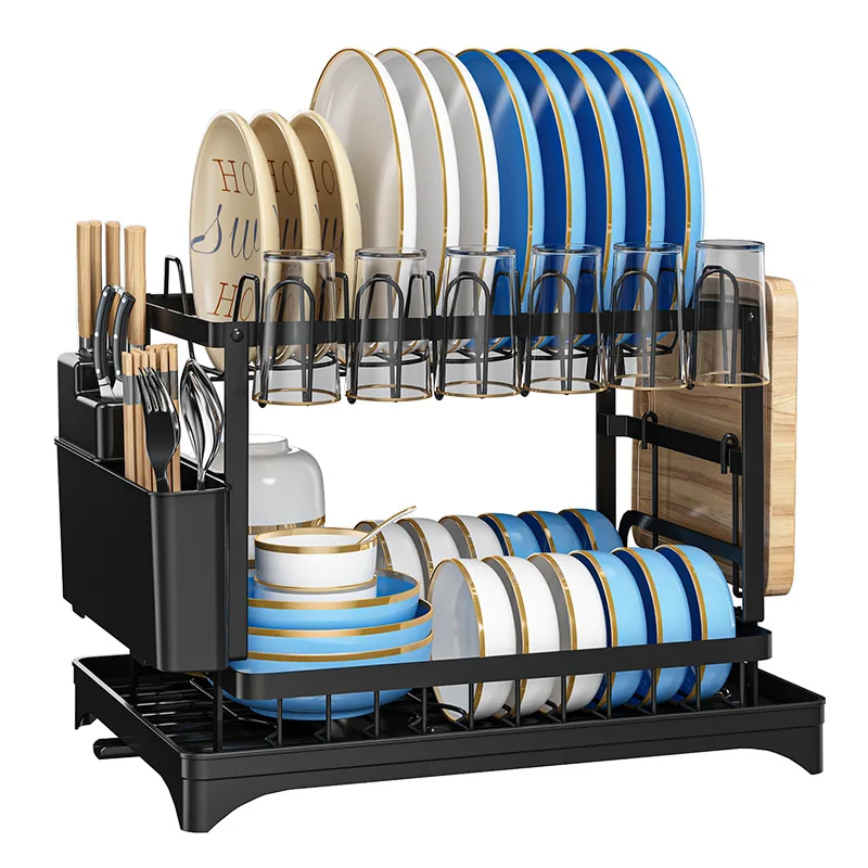 New cabinet double-layer dish storage rack  iron drainage bracket miscellaneous rack punching free storage rack drainage