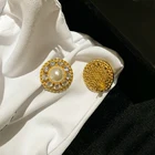 Stud Vintage Fashion Brass Plated 24k Real Gold Chain Diamond Round Pearl Stud Earrings