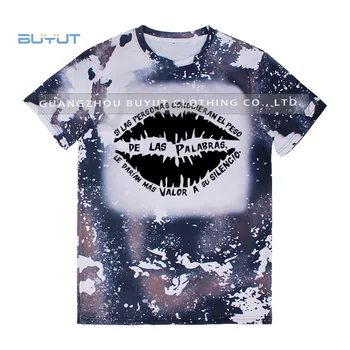 BUYUT RTS low MOQ Faux Bleached tie dye T Shirts 95%Poly Sublimation dark color black grey printed Tee for unisex