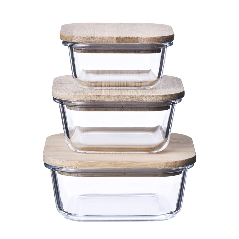 Rectangle Glass Food Storage Containers Eco-friendly Bamboo Lids 3pcs Set Glass Lunch Box