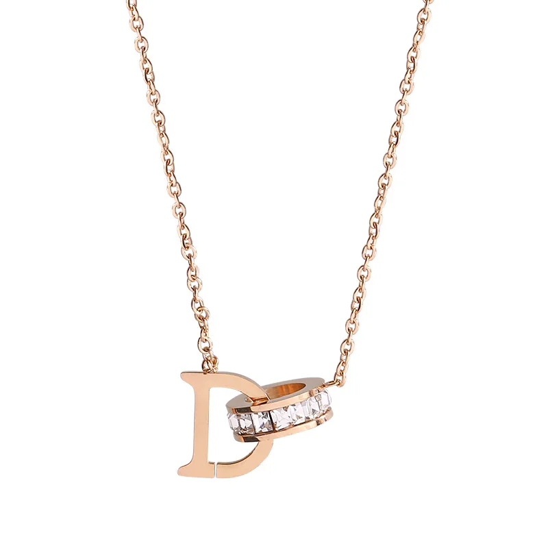 Korean Fashion Zircon Letter Pendant Necklace Women Stainless Steel Real Gold Plated Number Necklace