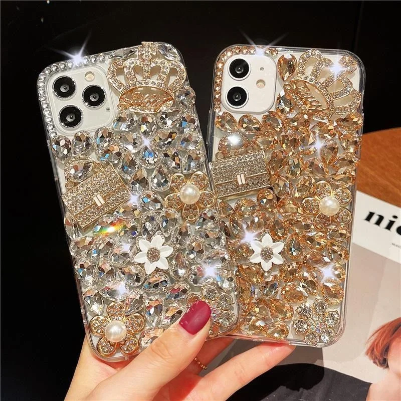 Luxury Women Bling Glitter Diamond Crystal Floral Purse Crown Phone Case For iPhone 15 Pro Max 14 13 Samsung S24 Ultra Note 20