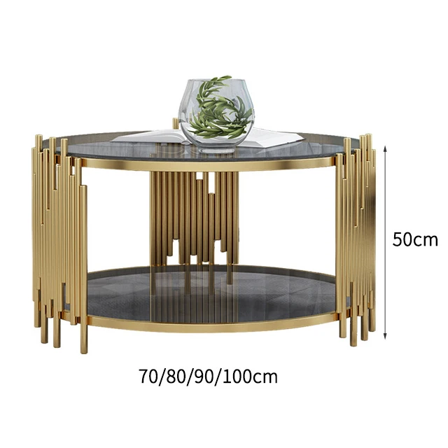 Nordic light luxury round combination of modern simple small living room household table piece golden leg glass top coffee table