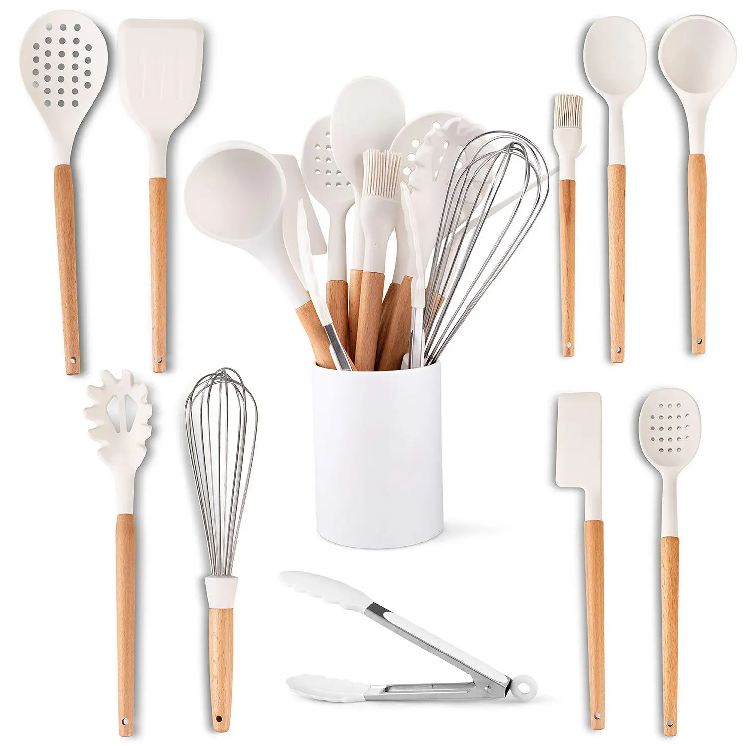 Nouvel arrivage 2022 Accessoires de cuisine d'usine Résistant à la chaleur 11 pièces Outils de cuisine avec manche en bois Ensemble d'ustensiles en silicone blanc Usine