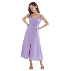 Purple New A Line Purple Ladies Long Dress Frill Detail Button Front Midi Dress