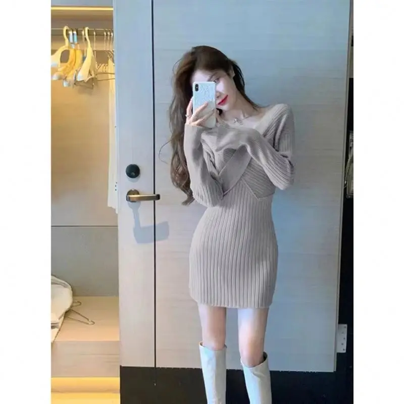 New in Customize Sexy Pink V neck Long Sleeve mini Skirt Casual Sweater Dress