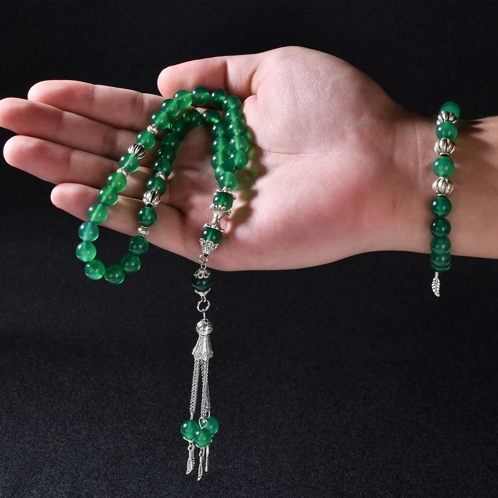 Ys344 New Product  Natural Green Agate Stainless steel tasbih 33 beads Tally Plata Tasbeh Muslim Prayer Colour   rosary