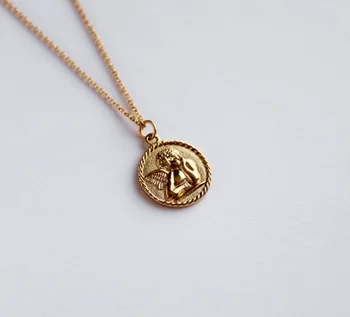 18K Gold Plated Stainless Steel Cherub Necklace Fashion Charm Angel Coin Necklace