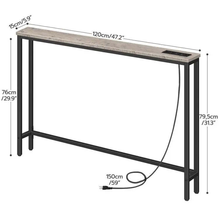 Wholesale Industrial Metal Frame Wood Console Table Thin Sofa Couch Table with Charging Station Power Outlet Entryway Table