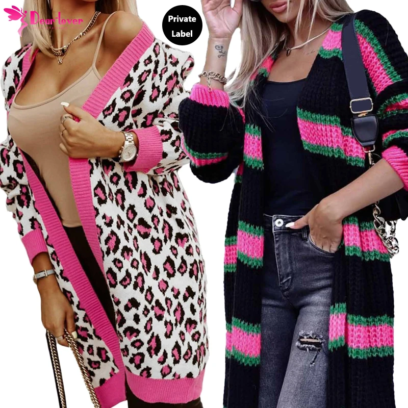 Dear-Lover Custom Embroidery Logo OEM ODM Ladies Cardigan Wholesale Winter Leopard Print Knitted Women Long Cardigan Sweater