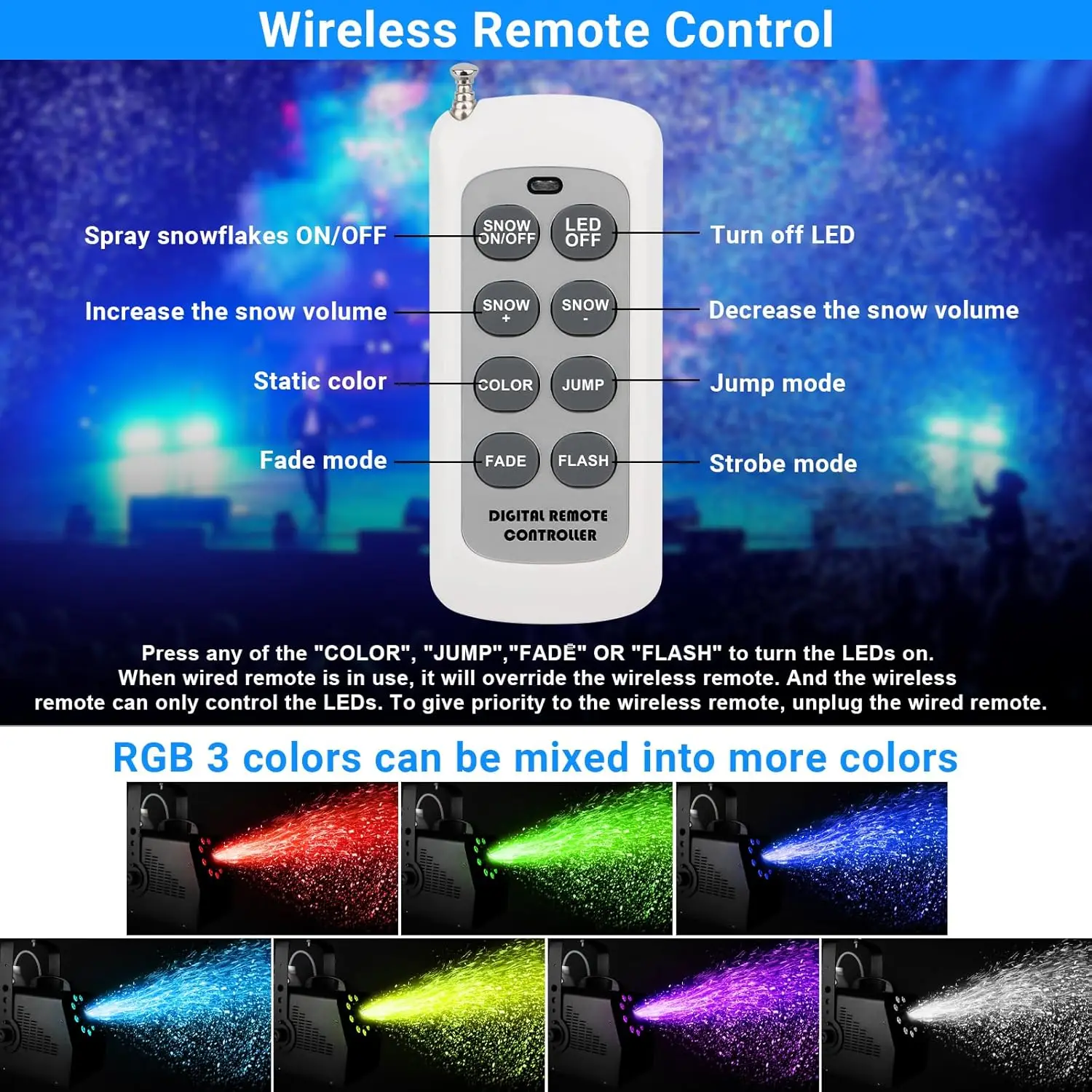 1500W High Output Remote Control Snow Maker Machine with RGB LED Light for Stage and Christmas Party